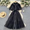 French gentle style temperament lapel lantern sleeve lace-up waist single-breasted dress female super fairy slim long skirt