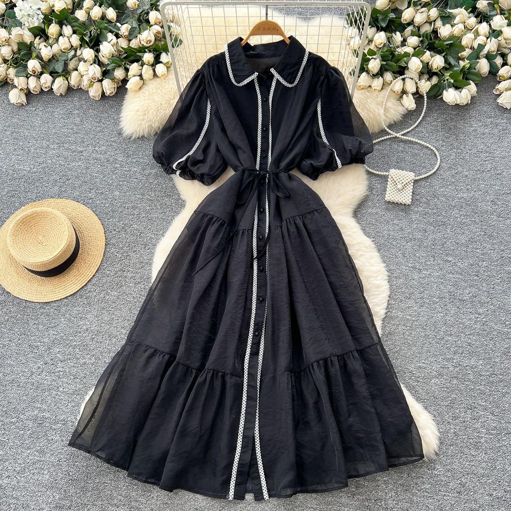 French gentle style temperament lapel lantern sleeve lace-up waist single-breasted dress female super fairy slim long skirt
