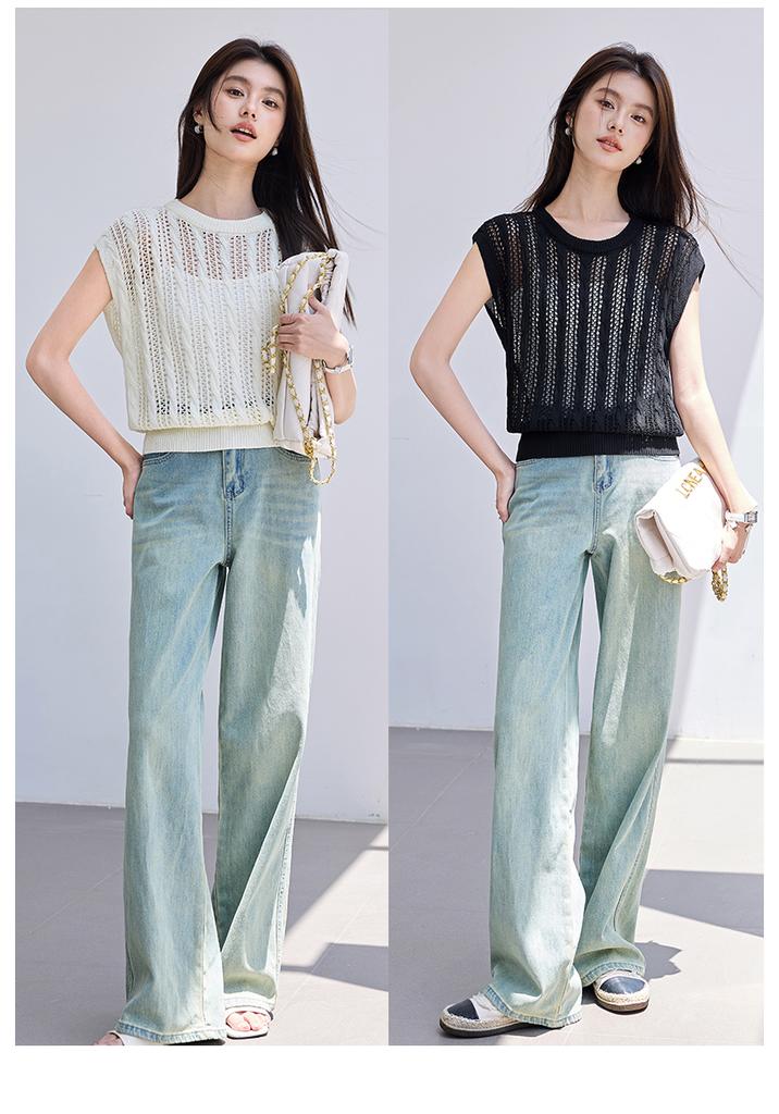 Summer [Light Gap Pleats] Hollow out Fried Dough Twists Knit Shirt Round Neck Sleeveless Blouse with Three Dimensional Texture Overlay