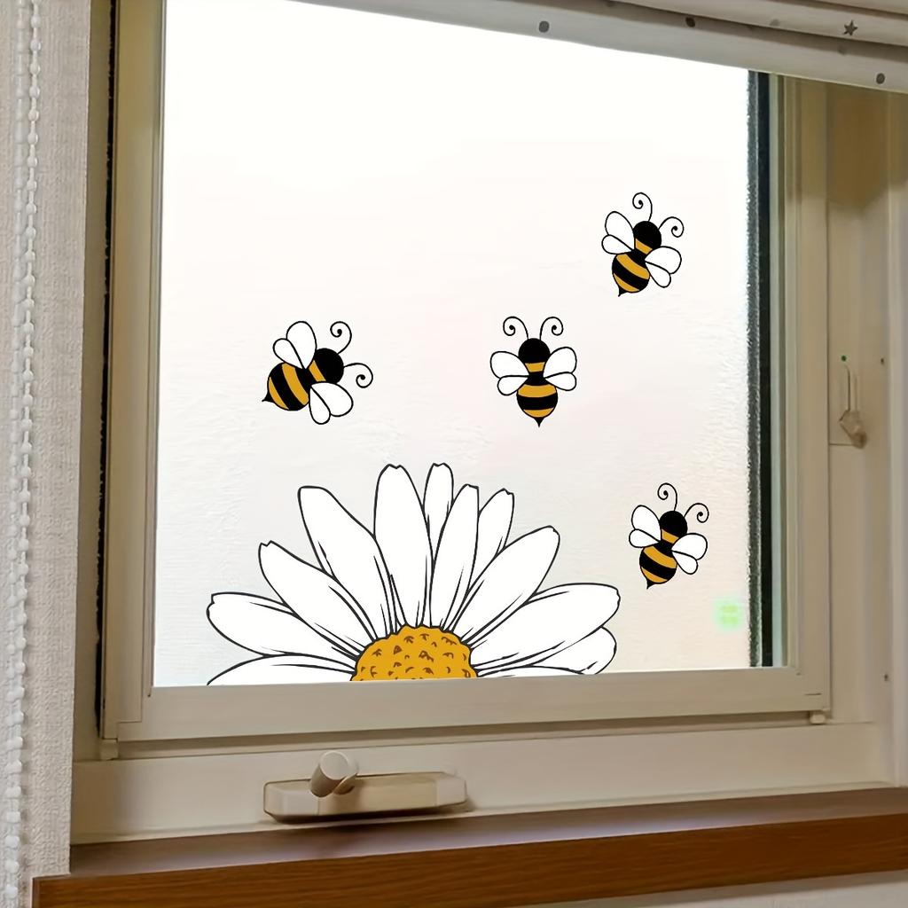 Adorable Bee & Sunflower Watercolor Window Cling - Removable PVC Decal for Bedroom, Living Room, Kitchen