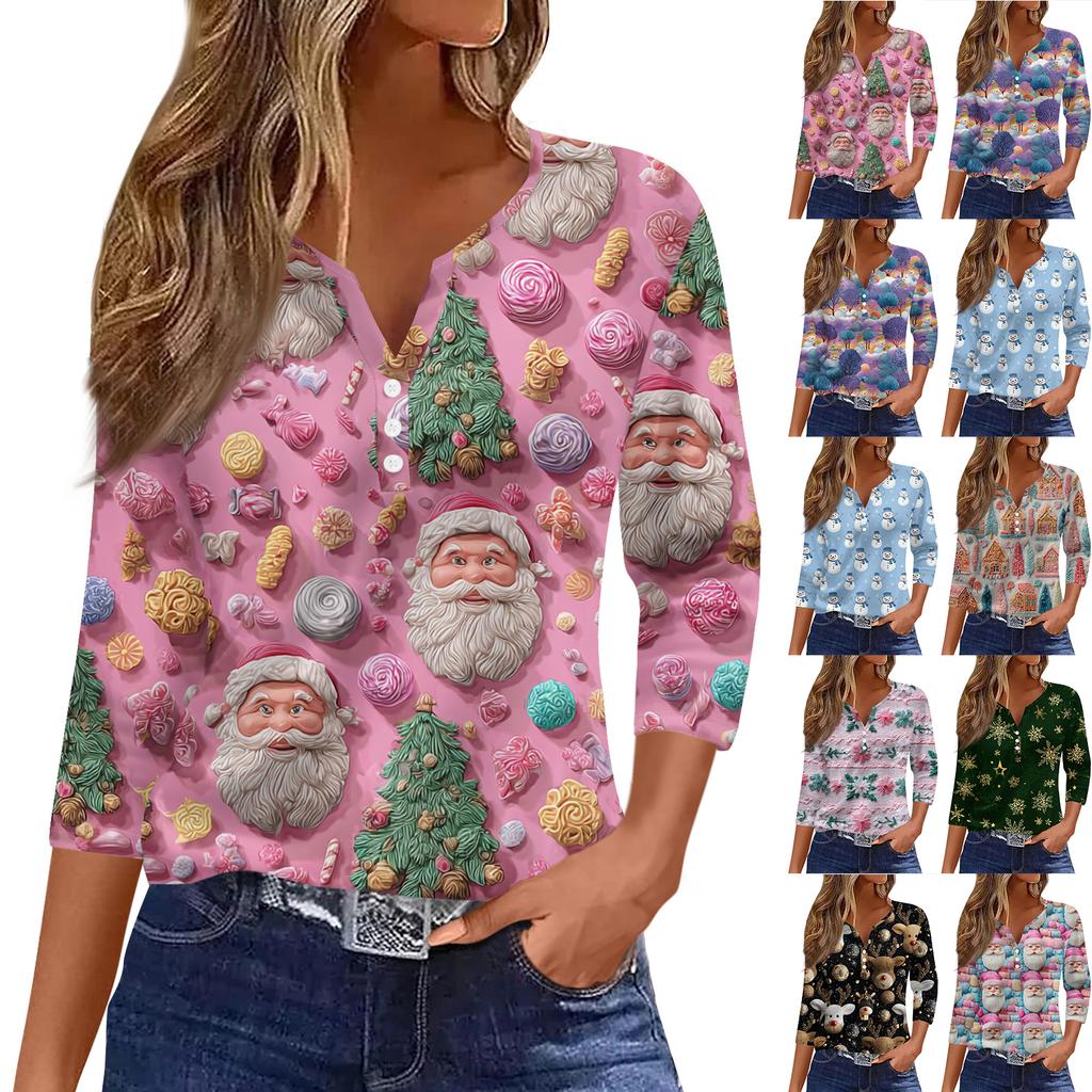 Dámský ležérní módní top s výstřihem do V, volný, všestranný, s vánočním potiskem, tříčtvrteční rukáv