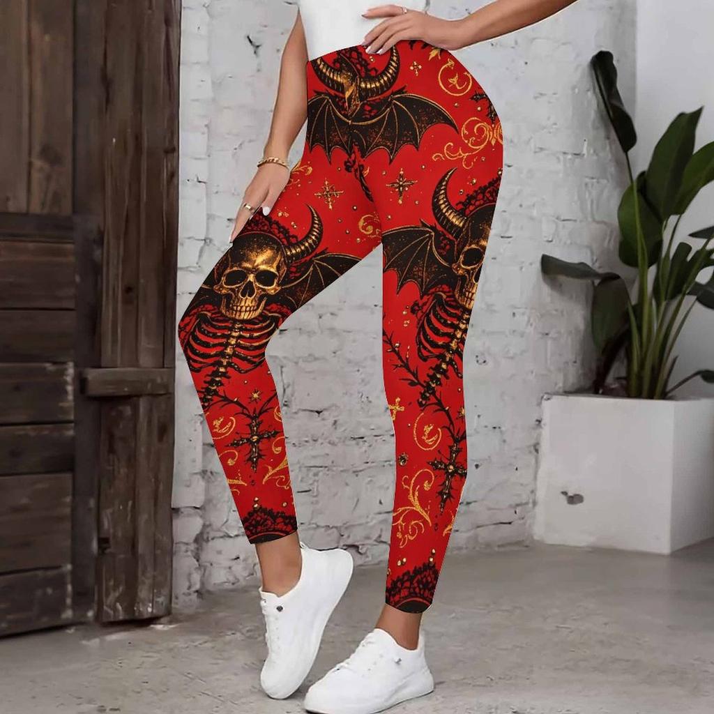 Women's Leggings Vintage Fashion Casual Ankle-Length High Waist Halloween Rose Skull Printing Thermal Warm Soft Breathable Micro-elastic