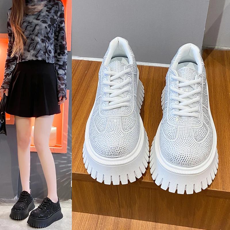 Women's Shoes Platform Sole Casual Lace-up Rhinestones 7cm Heel High Shoes Women Leisure Dress Fashion Shine Zapatillas De Mujer