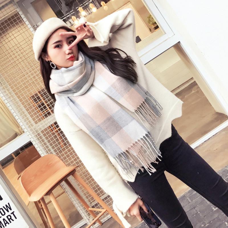 Kockovaný zimný šál pre ženy – strapcový šál v kórejskom štýle z imitácie kašmíru