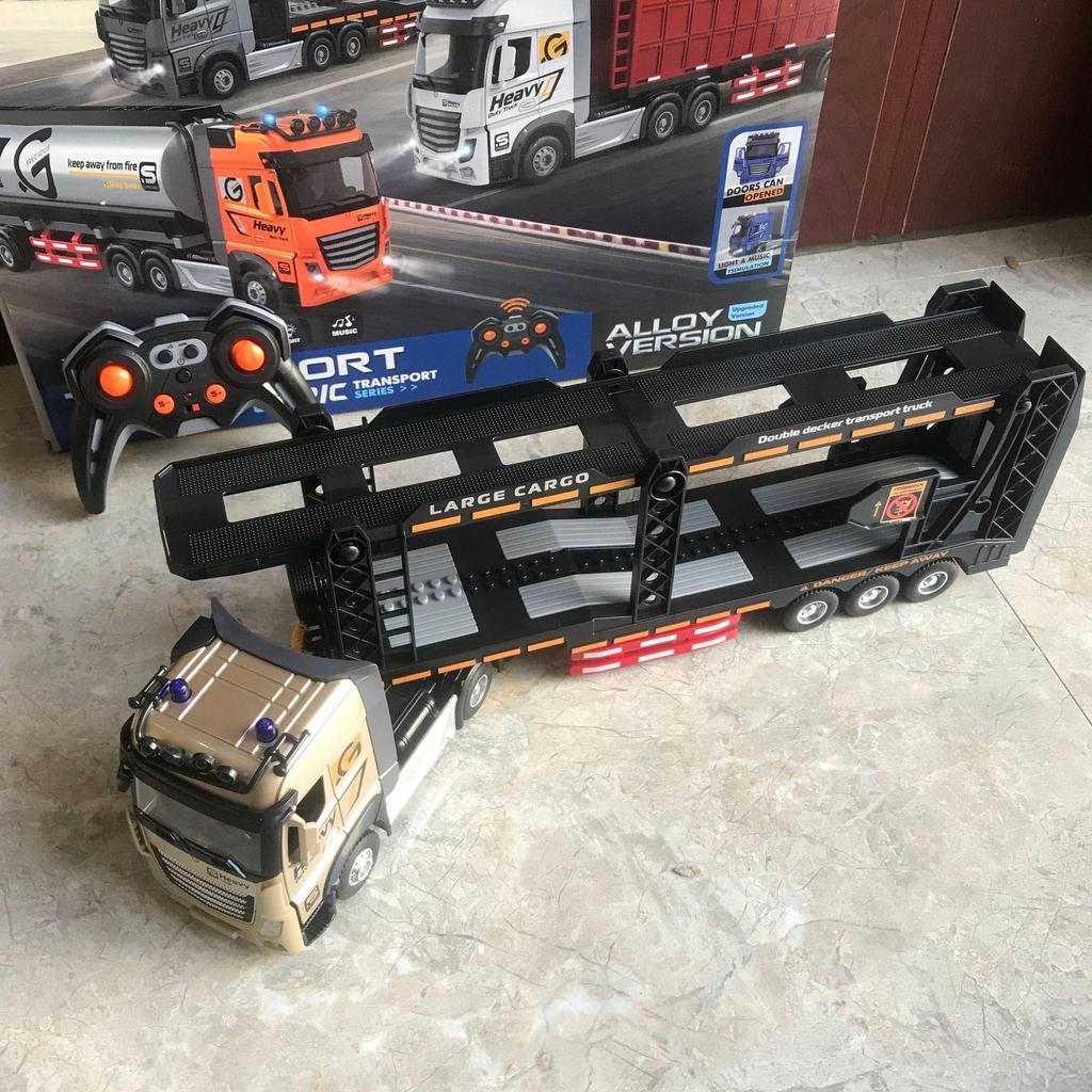 Remote Control Children's Alloy Truck with Music: Double-decker Transport, Openable Doors, Container, Oil Tank, Freight Toy.