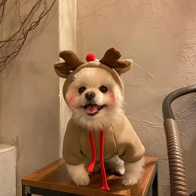 Christmas Reindeer Hoodie for Small Medium Dogs Warm Woven Polyester Holiday Costume Sweatshirt