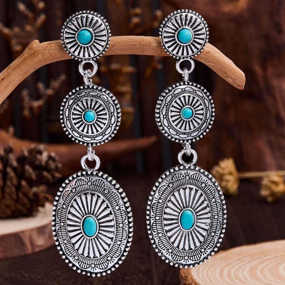 Silver Western Style Stud Earrings Dangling Boho Chic Jewelry Women's Gypsy Earrings  Outfits