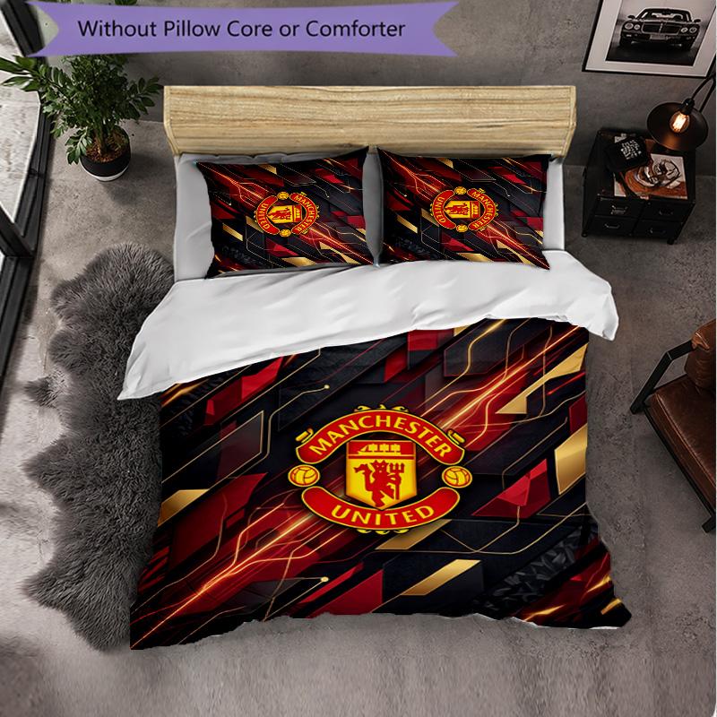 Manchester United Pattern 3 Pieces Bedding Set Soft Microfiber Duvet Cover with Pillow Cases for Bedroom
