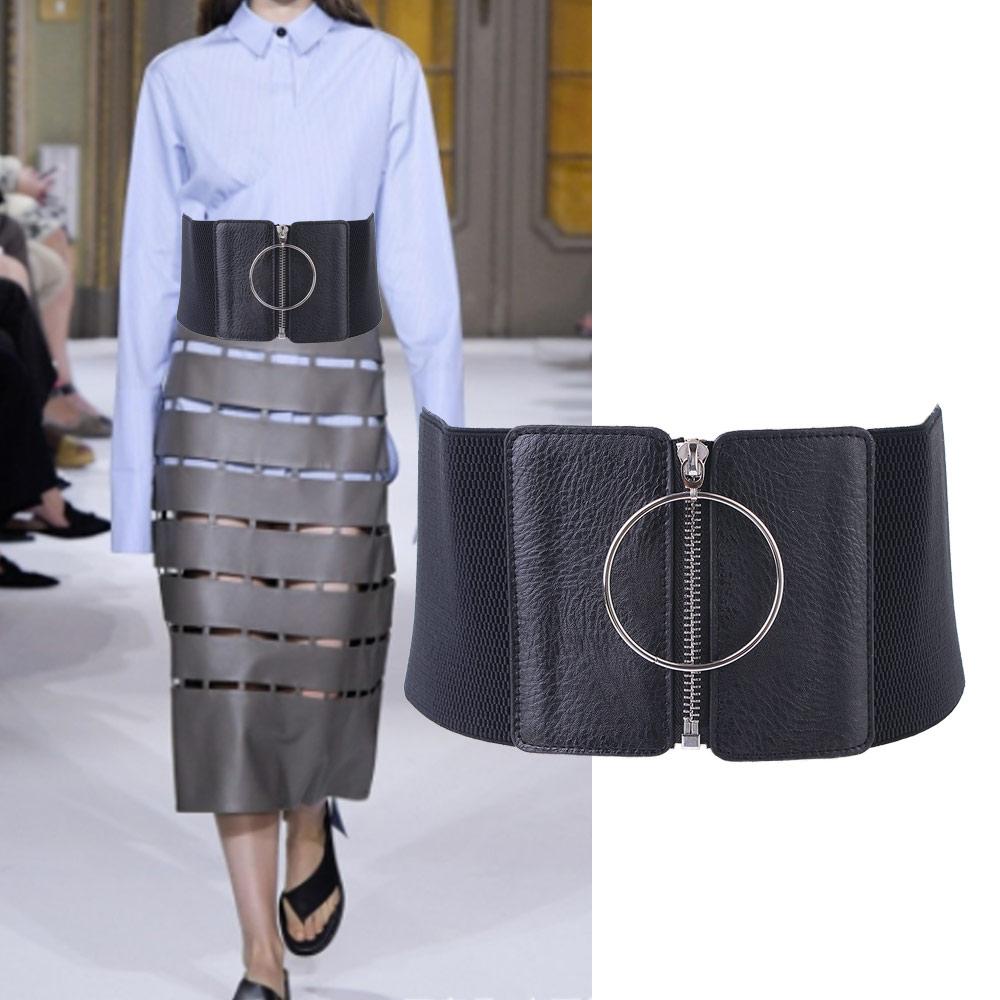 

Waist Metal Circle Ring PU Leather Female Waistband Wide Waist Belt Zipper Elastic Belt Cummerbunds чёрный