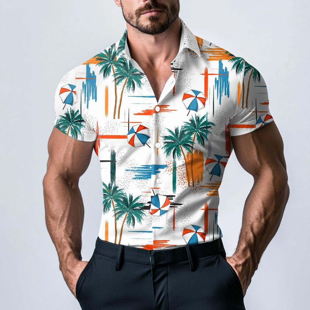 Men's Fashion Printed Satin Short Sleeve Shirt Top
