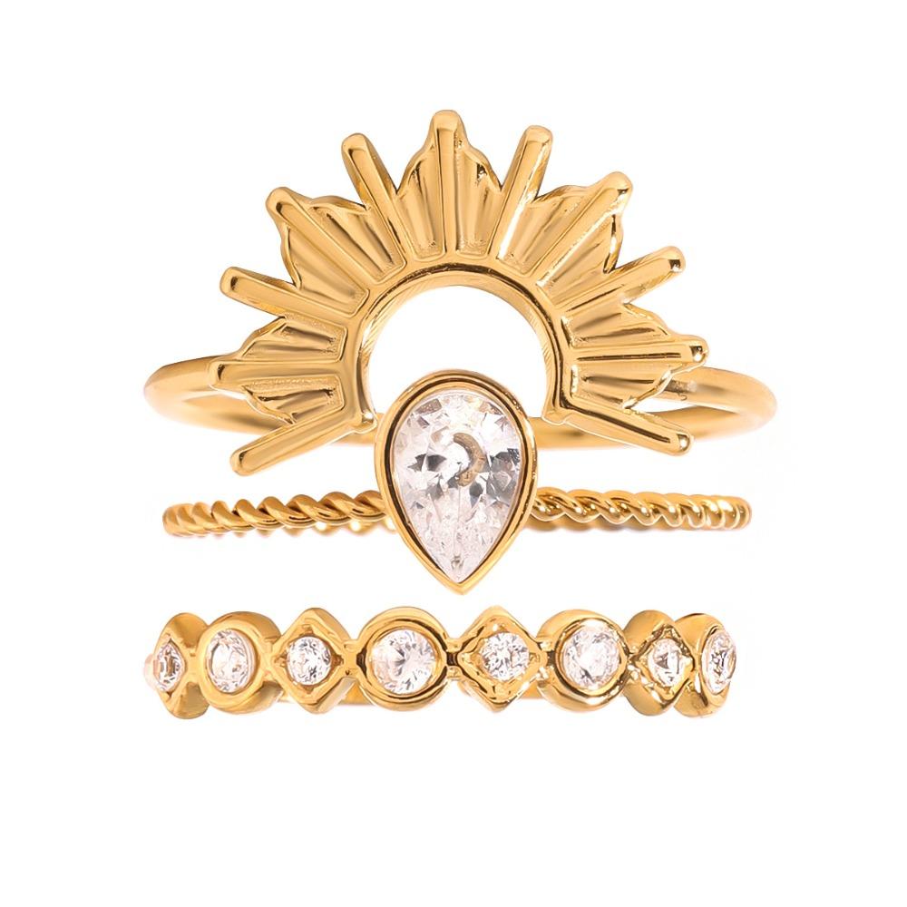 3pcs 18K Gold Color Plated Ribbed Sun Geometry Ring Stainless Steel Stackable Ring  Jewelry Gift