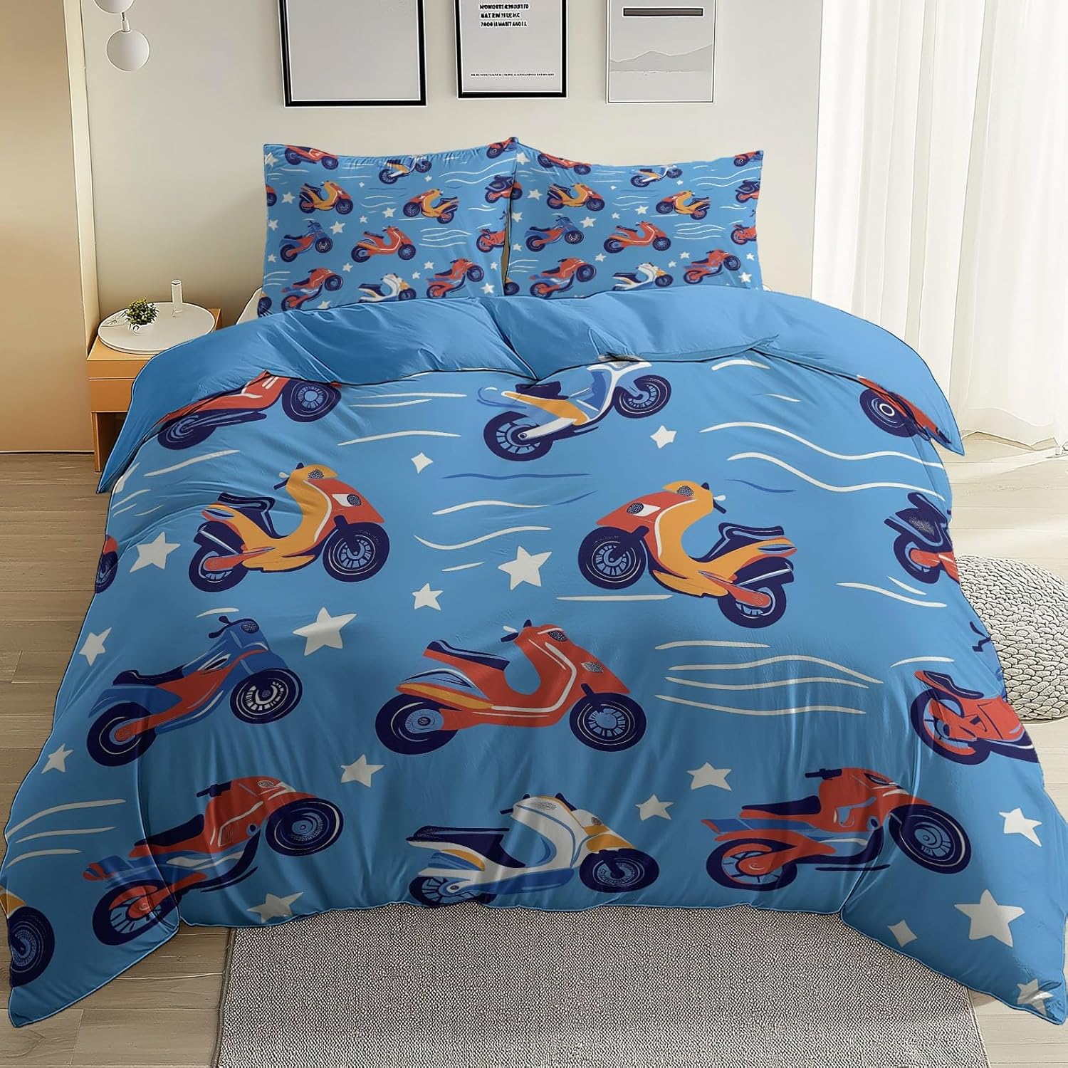 

Modern Style Motorcycle Rider Print Double size Bedding Ses with Pillow Cases 75*50cm, Microfiber Duvet Cover set with Zipper 90x200cm-2pcs