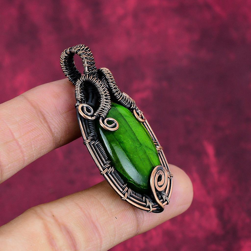 Green Fire Labradorite Pendant Real Gemstone Jewelry Copper Wire Wrapped Pendant