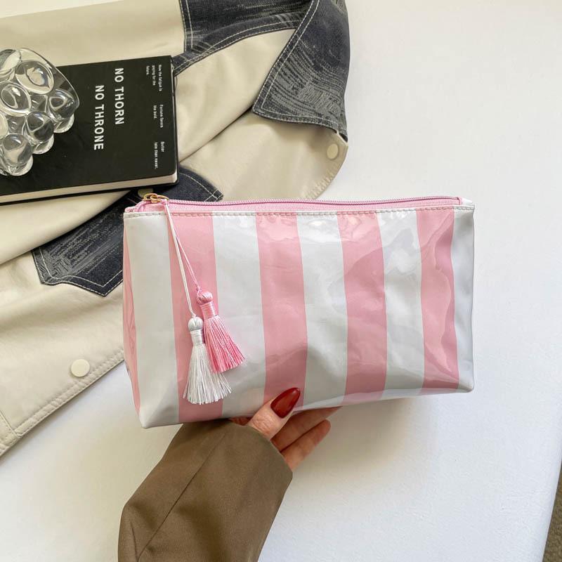 Striped Tassel Pendant Cosmetic Bag Waterproof Large Capacity PVC Toiletry Pouch for Weekend Getaway