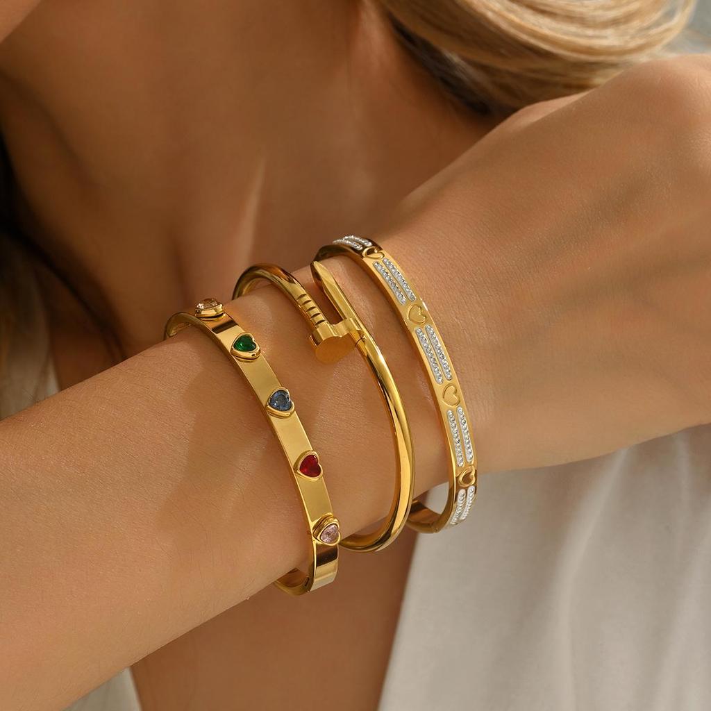 Stainless Steel Retro Hollow Bracelet with Color Diamond Plating