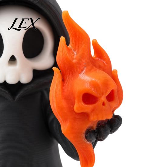 Small Gothic Room Accessories Cute Grim Reaper Halloween Figurine, 3D Printed Spooky Little Fun Party Tabletop Ornaments Statue with Flame Skull,