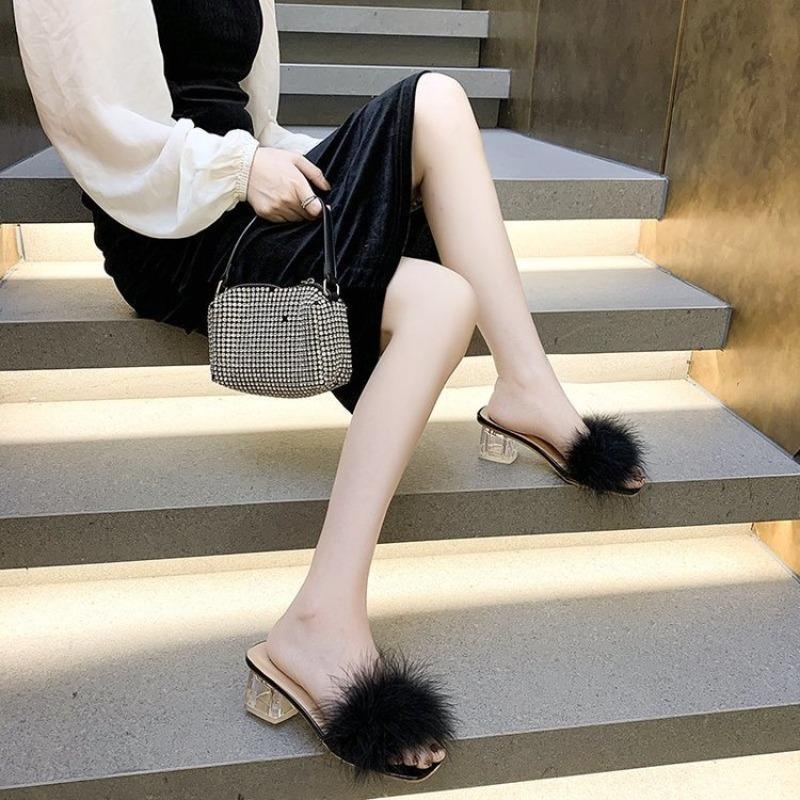 Women's Slippers Fashion Fur Fluffy Slippers Summer Peep Toe High Heeled Sandals for Women Crystal Heel Slipper Zapatos De Mujer