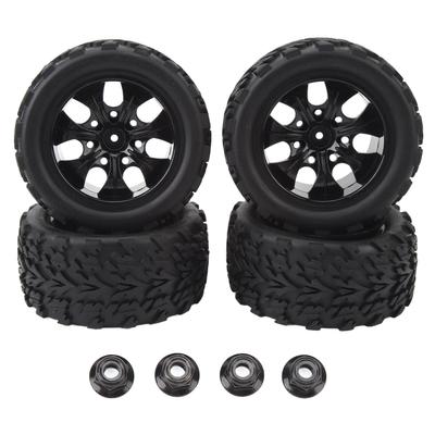 4 PCS RC Off Road Tyre 12mm Hex Black Universal 7 Holes RC Rubber Tires with Hubs Replacement for