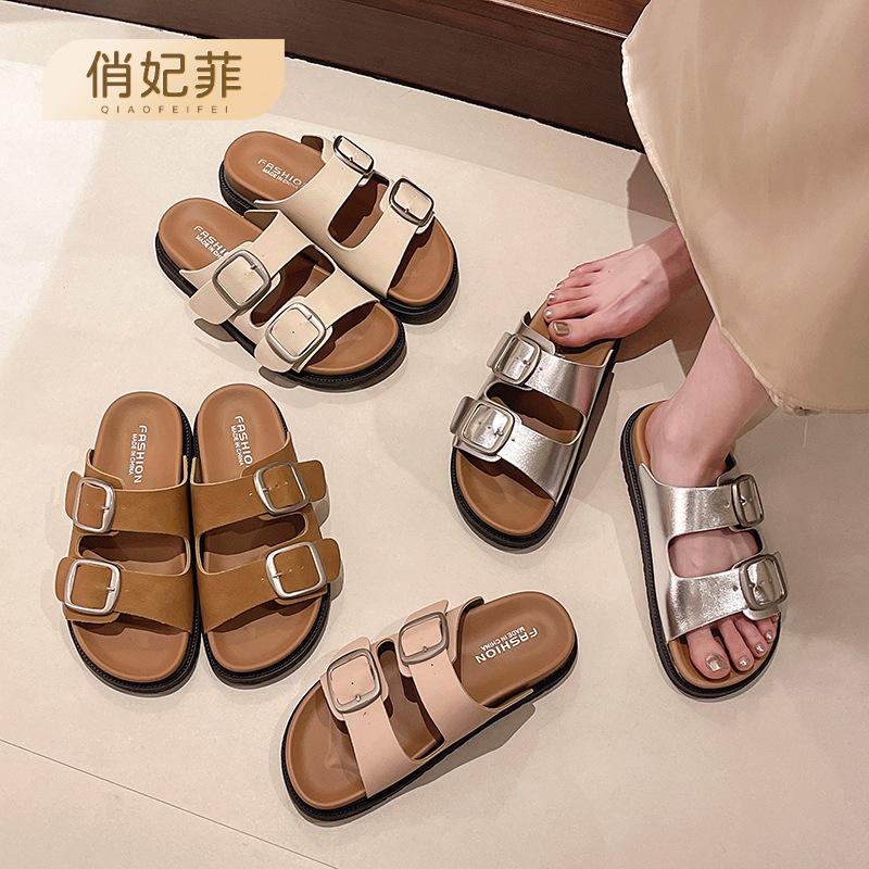Slippers with skirts retro double buckle with half slippers women s summer thick-bottomed cool slippers women s high-end wear 40 4734₽