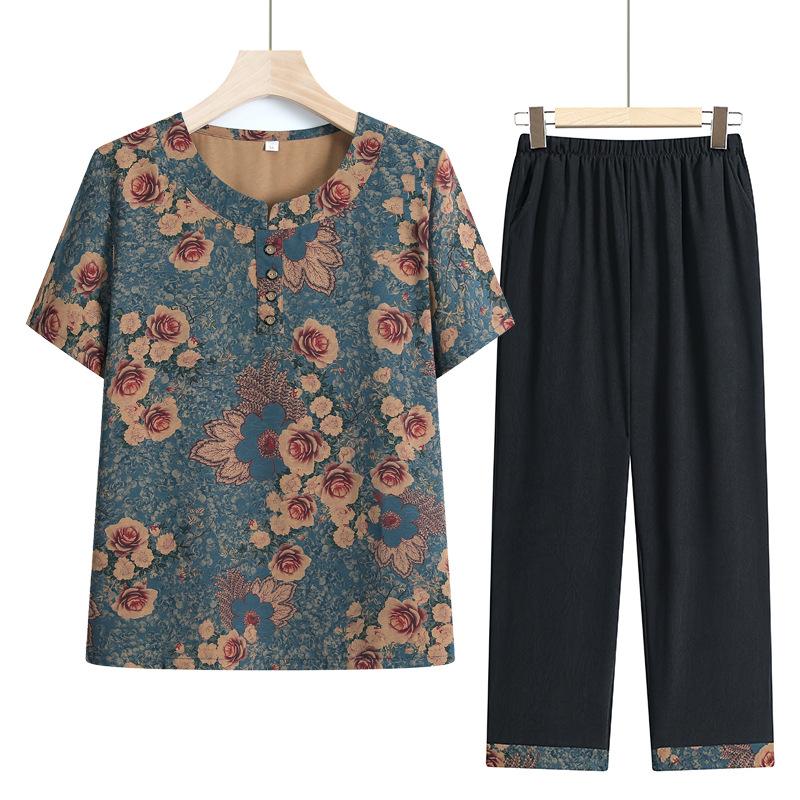 

Пожилая летняя женская одежда летний костюм с коротким рукавом одежда для пожилых тонкий новый стиль 5XL