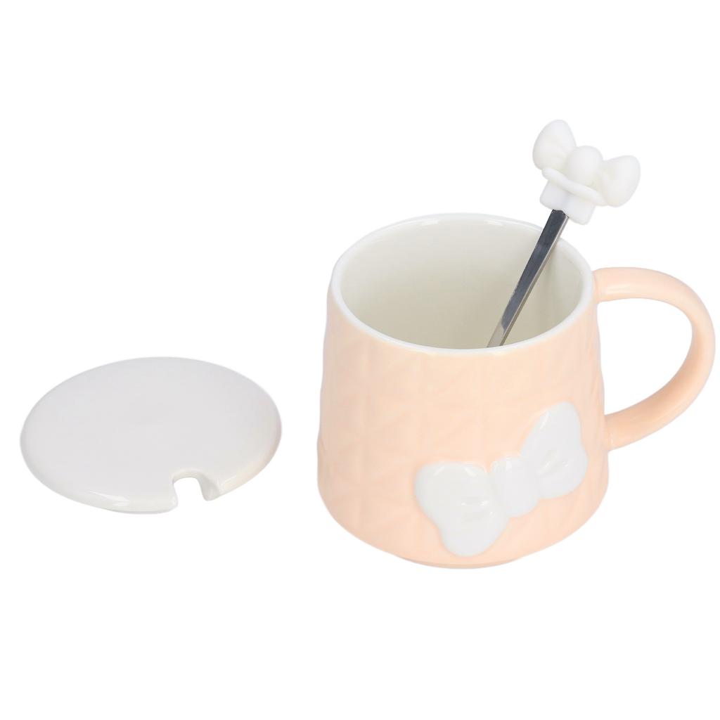 400ml Cute Bowknot Ceramic Tea Milk Water Cup Coffee Mug with Lid Stainless Steel Spoon for Home Holiday Gifts