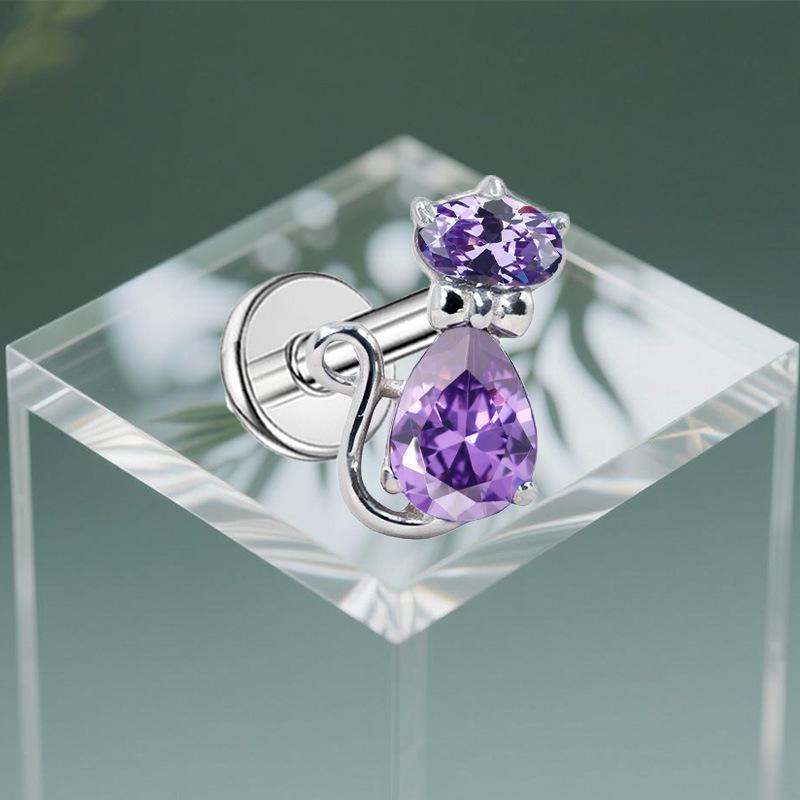 Herzförmiger Katzen-Ohrknochen-Stecker Piercing Schmuck mit lila Zirkon G23 Titan - Designer-Stil, Modisch, Schlicht.