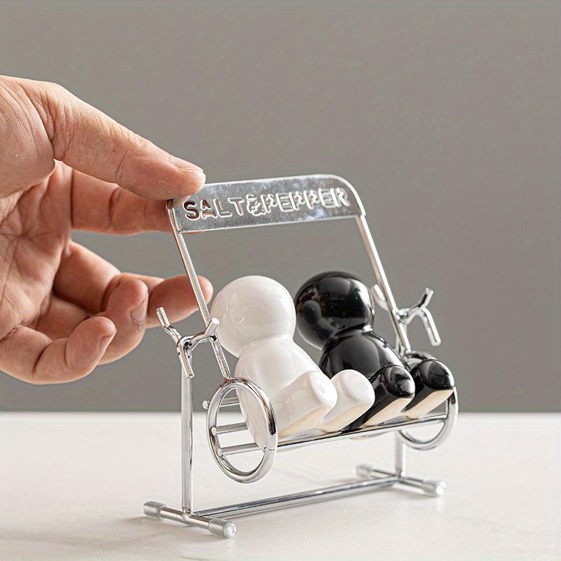 1 Set of Charming Black,White Salt,Pepper Shakers ,Ceramic, Modern Kitchen Spice Jars with Metal Stand, Ideal for Western Dining Table Decor