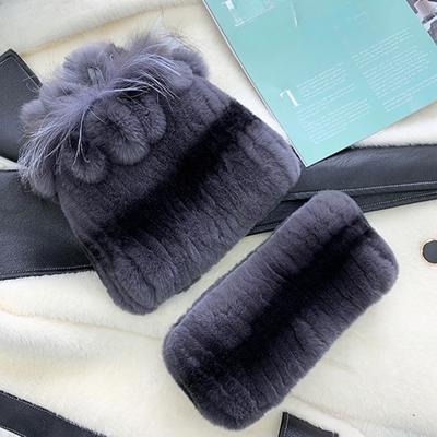 Mode Dame Dicke Rex Kaninchen Pelzmütze Winter Gestrickte 100% Natürliche Pelz Hüte Schals Sets Frauen Warme Echte Rex Kaninchen Pelz schals