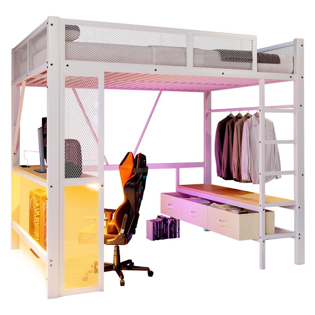 140 x 200 cm Metal Play Loft Bed with USB, LED, Desk, Open Wardrobe and 3 Laundry Drawers, White