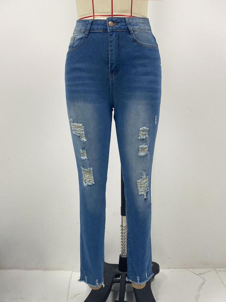 Omen's Hole Slim Washed Calf Pants Jeans Long Pants