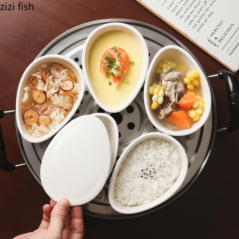 White Ceramic Steaming Bowl with Cover Steamed Egg Bowl Dessert Bowls Dining Plate Stewed Bowls Fruit Plate Dim Sum Dish Tray