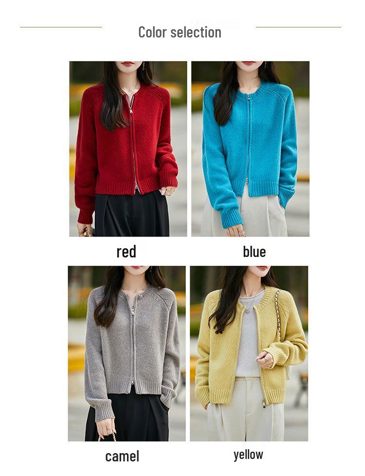 Spring/Autumn Women's Round Neck Double Zipper Wool Cardigan - Loose, Fashionable Outerwear