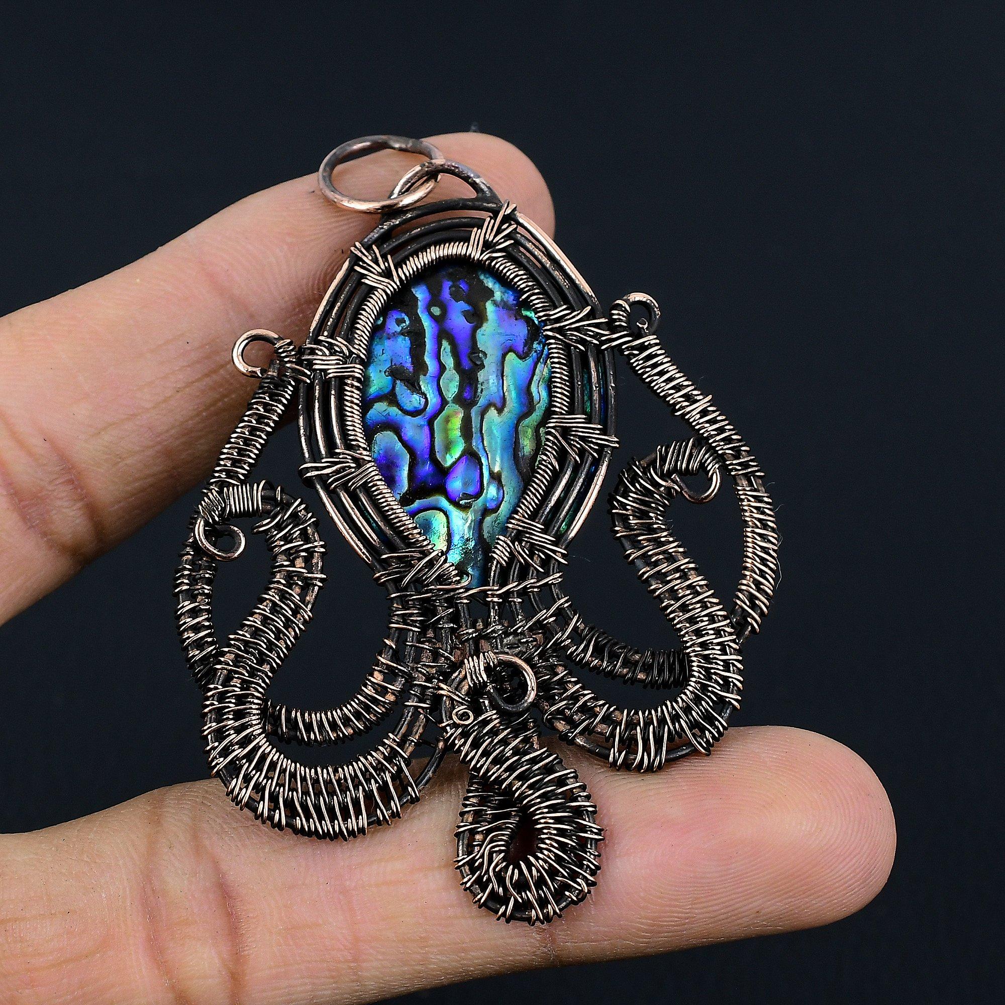 

Кулон из раковины абалона, обернутый медной проволокой 999 пробы, Ювелирные изделия с подвеской из драгоценного камня ручной работы, Подарки для жены, Совершенно новый кулон 2.55 Inches