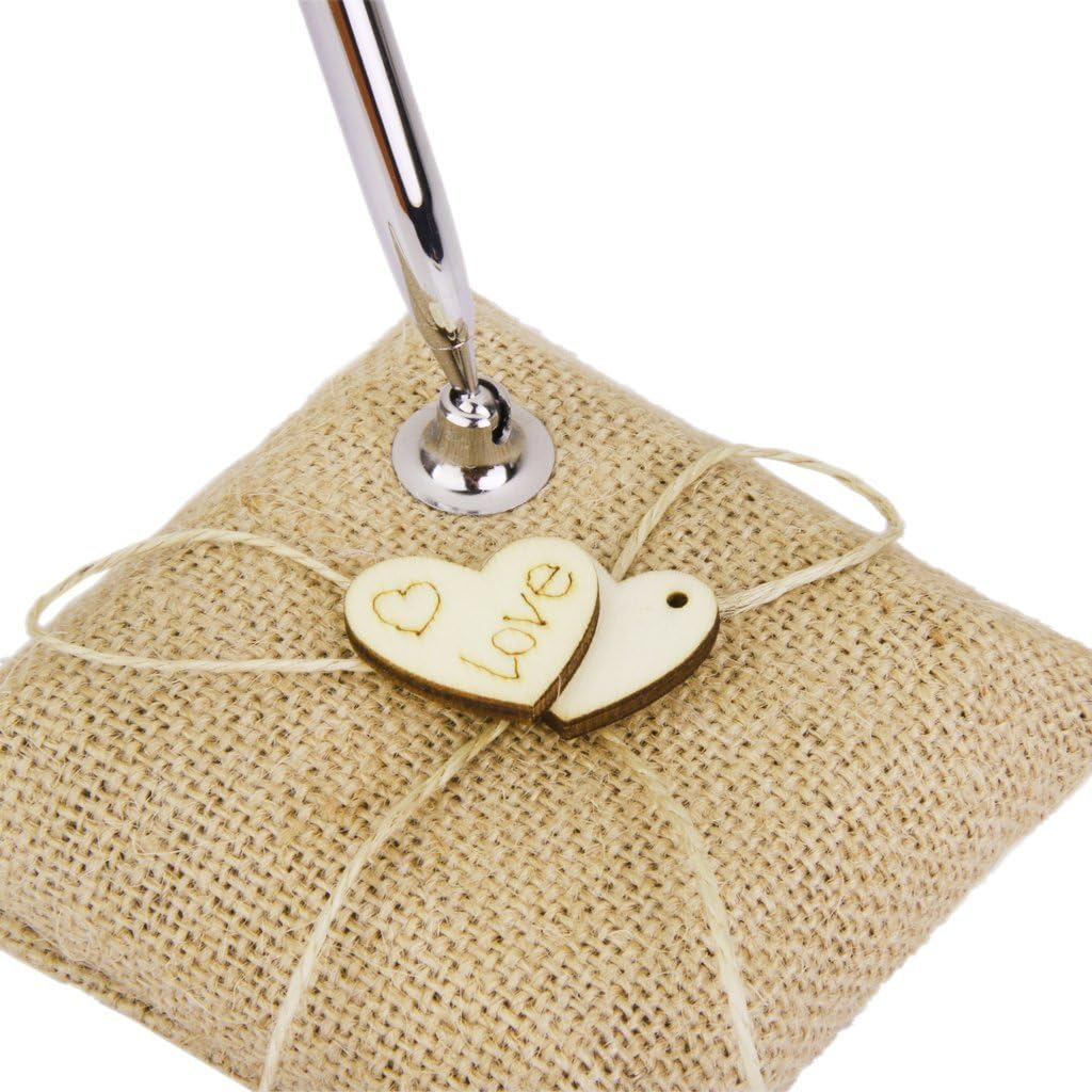 EBTOYS Vintage Burlap Wedding Reception Guest Pen with Stand Wooden Hearts Embellished Wedding Reception Party Table Decor