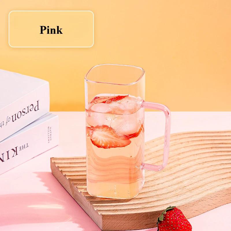 

1 Pieces 400ml Squre Glass Mug with Lid and Straw Glass Tea Cup Coffee Mug Sipper Tumbler Mug for Fruit Juice Milk Tea or Coffee 400ML розовый