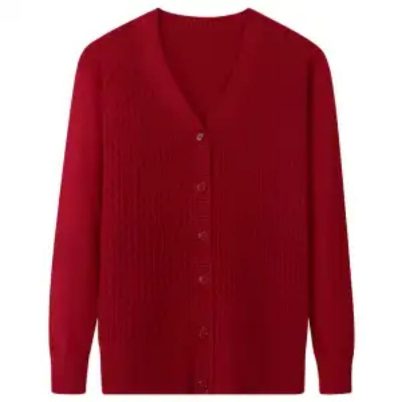 

Button Long-sleeved Solid Color Cardigan Thread Sweater Jacket V-neck Fashion Top XL бордовый