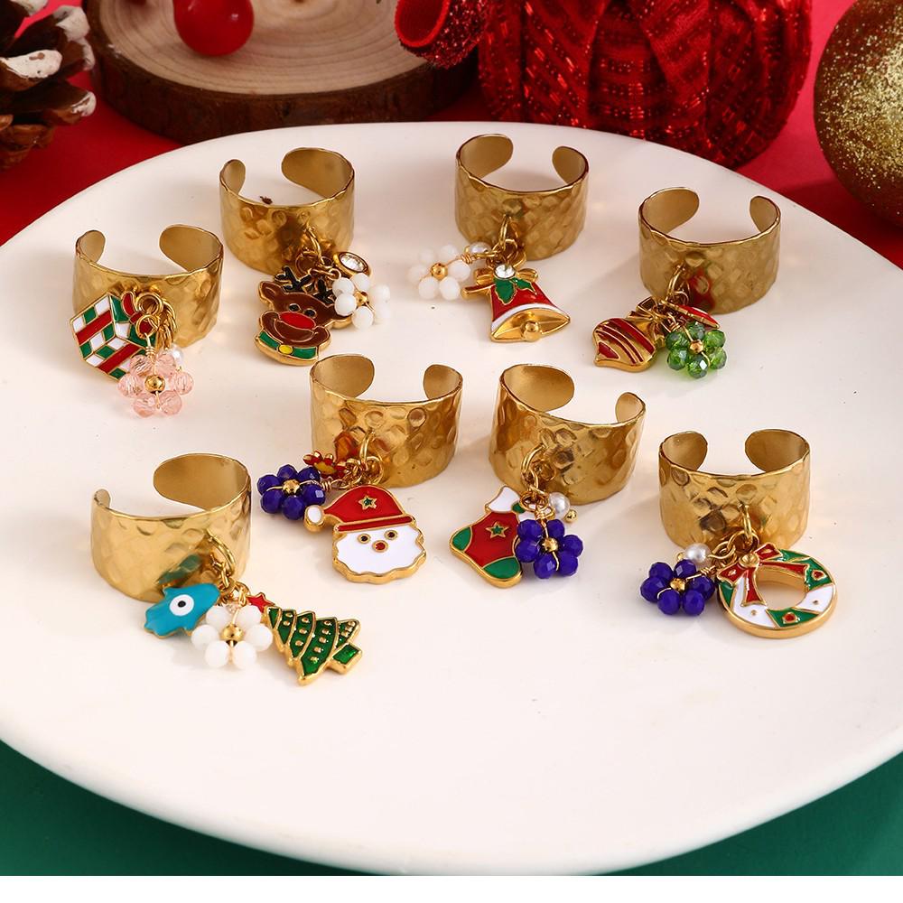 European & American Cartoon Christmas Snowflake Titanium Steel Drip Oil Flower Open Ring for Women