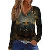 Women's Halloween Print V-Neck T-Shirt with Decorative Buttons Long Sleeve Casual Top