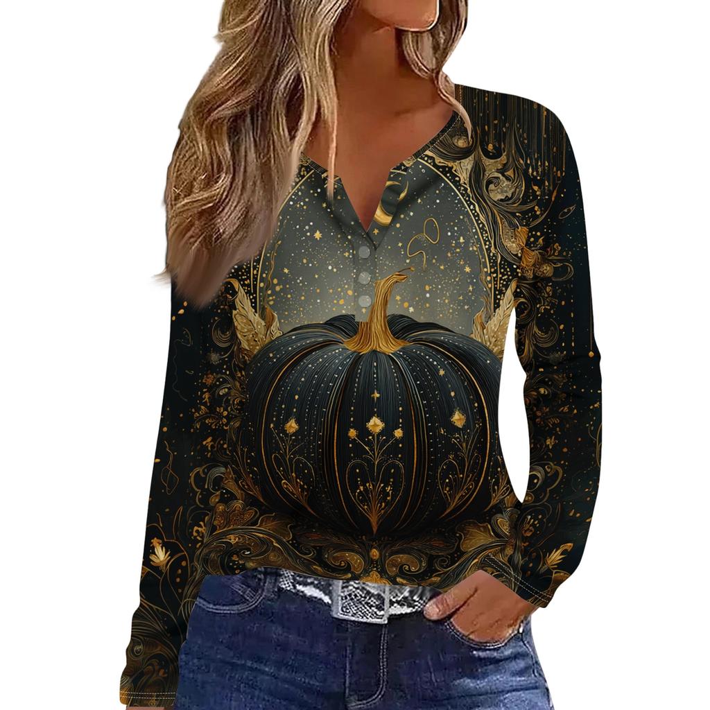 Women's Halloween Print V-Neck T-Shirt with Decorative Buttons Long Sleeve Casual Top