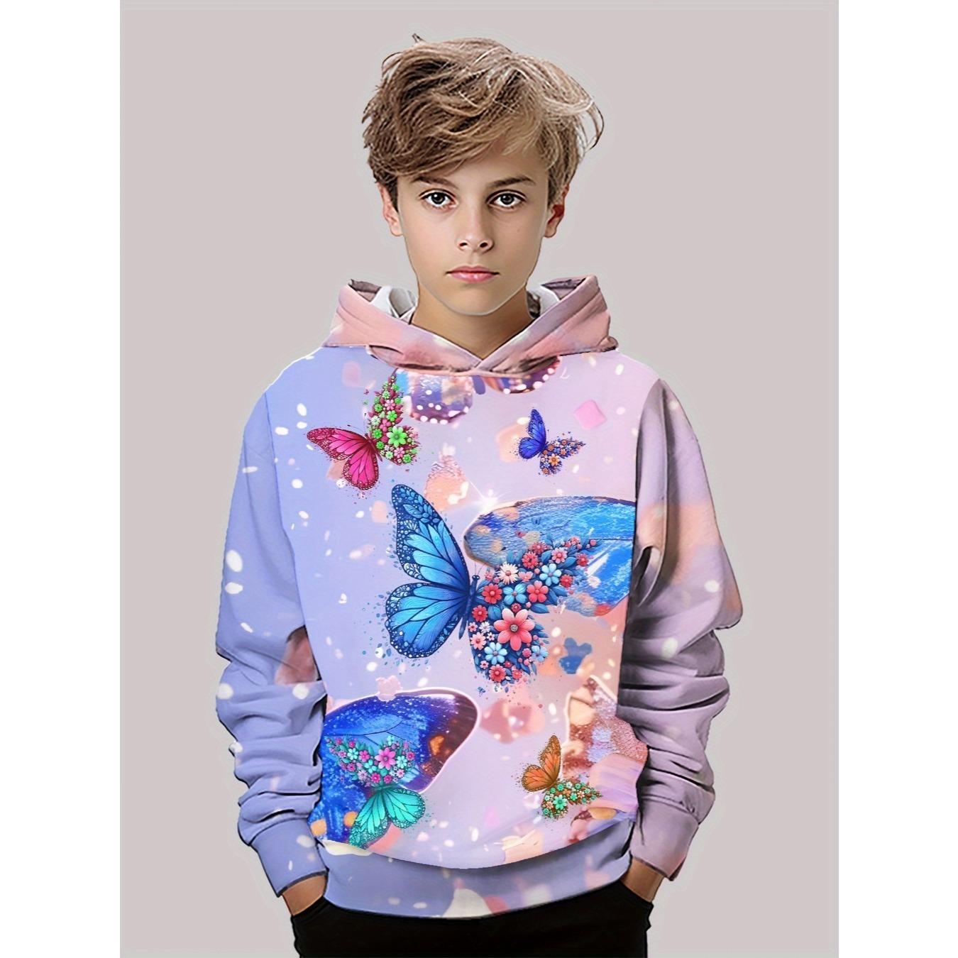 

3D digital printing dream pink purple tone, flower wings butterfly pattern hoodie fashion trend casual children s clothing 13-14Y