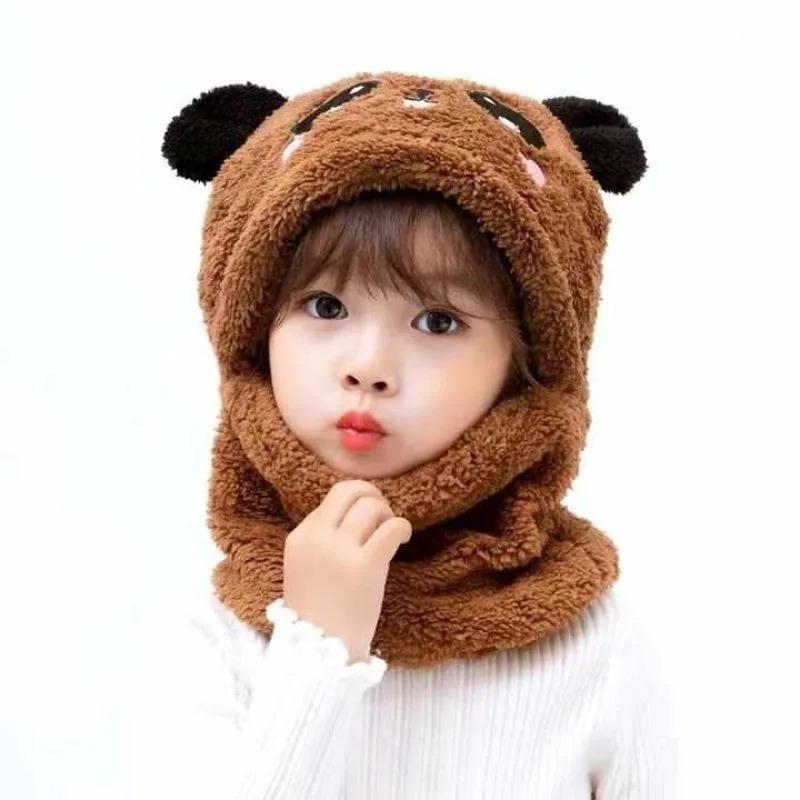 1-3PCS Fashionable Warm Cartoon Animal Winter Hat Set for Boy and Girl Windproof Soft Hat Scar for Kids School Essential