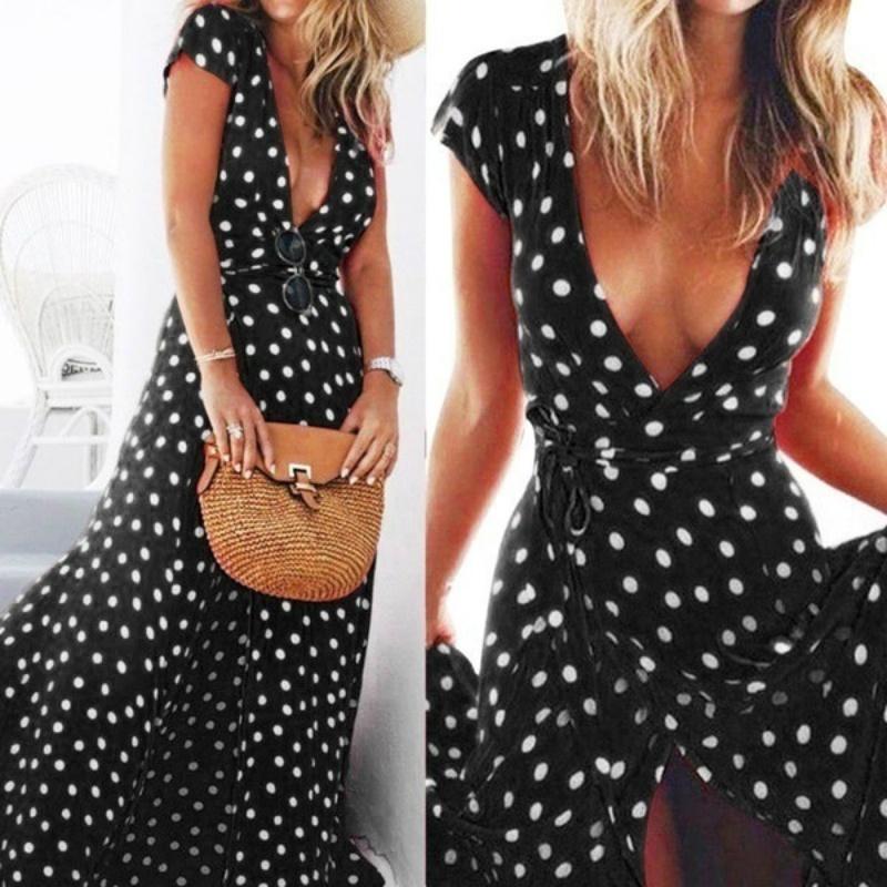 4 Colors Women's Fashion Boho Long Dot Dress Long Dress High Silt Printed Beach Dress Plus Size S-5XL