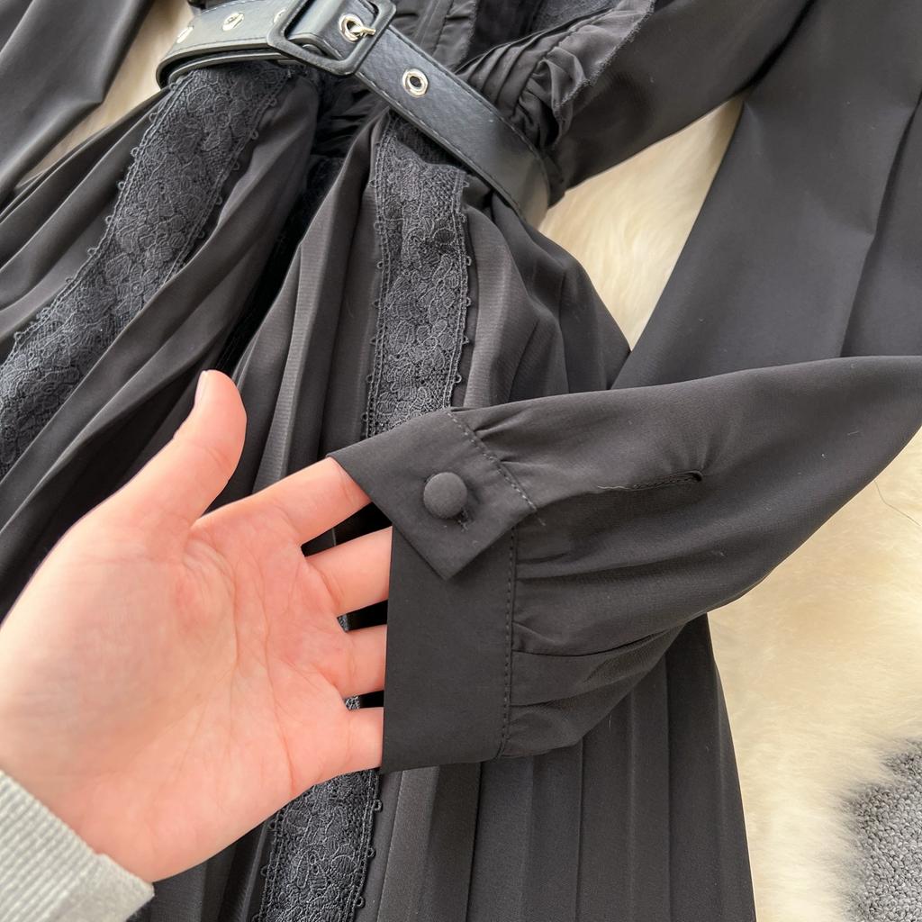 Frauen Spitze Chiffon Patchwork Urlaub Strandkleid Schwarz Lange Maxi Big Swing Plissee Kleider