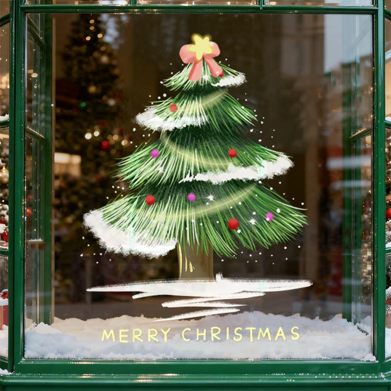 Bow Green Christmas Tree Electrostatic Sticker Shop Window, Festival Shop Decoration, Event Gift Box, Glass Door Sticker