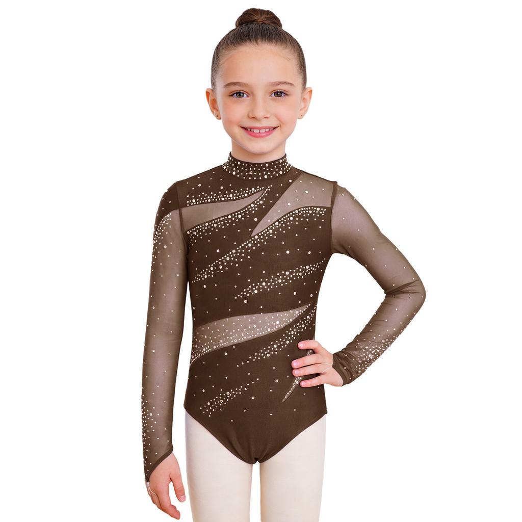 Leotardo de patinaje artístico para niñas Cuello alto Manga larga Espalda descubierta Parche de malla Patchwork Brillante Pedrería Bodis
