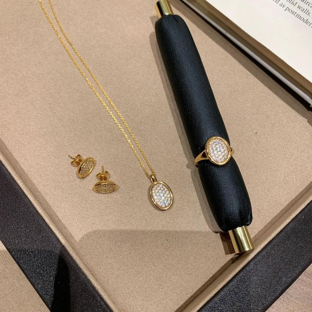 Vintage Women Jewelry Set Elegant Oval Diamond Earrings Retro Necklace Pendant Ring