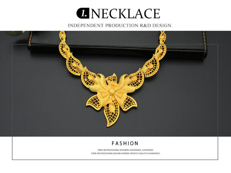 24K Dubai Gold Bridal Jewelry Set: Necklace, Bracelet, Earrings, Ring for African Women