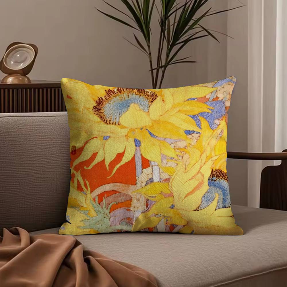 Art sunflower Pillow Case Anti-dustmite Pillowcase Invisible zipper silky short plush Sofa cushion cover