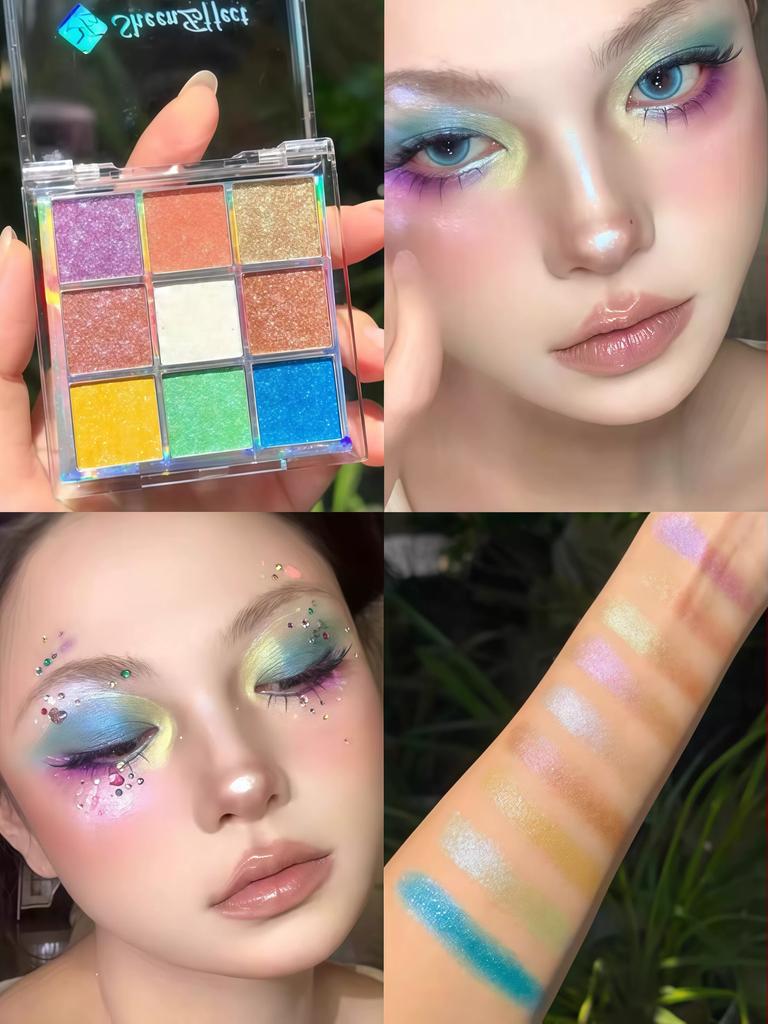 Xunfeite Chameleon Nine-Color Eyeshadow Palette Nine-Grid Playful Makeup Daily Use Iridescent Flashing Colorful Glitter Pearlescent for Beginners