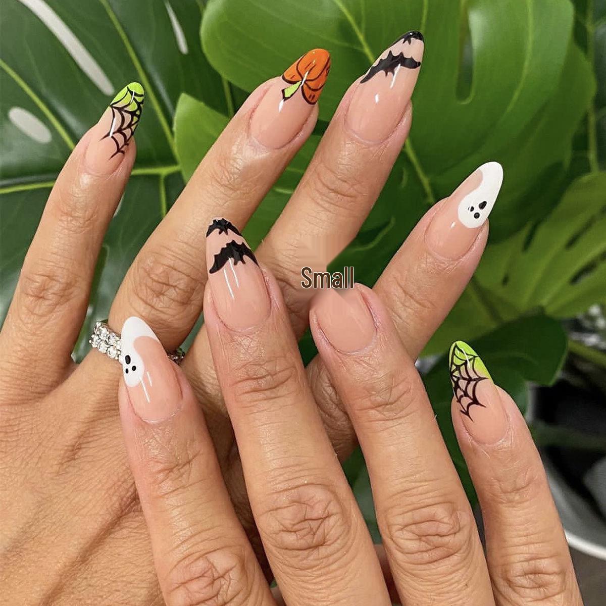

Halloween Almond-Shaped Detachable Fake Nails with Ghost, Bat & Spiderweb Designs